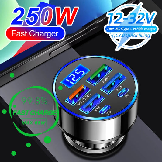 Experience Lightning-Fast Charging on the Go with the 66-250W PD Car Charger - 4 USB Ports + 2 PD for Ultimate Convenience!