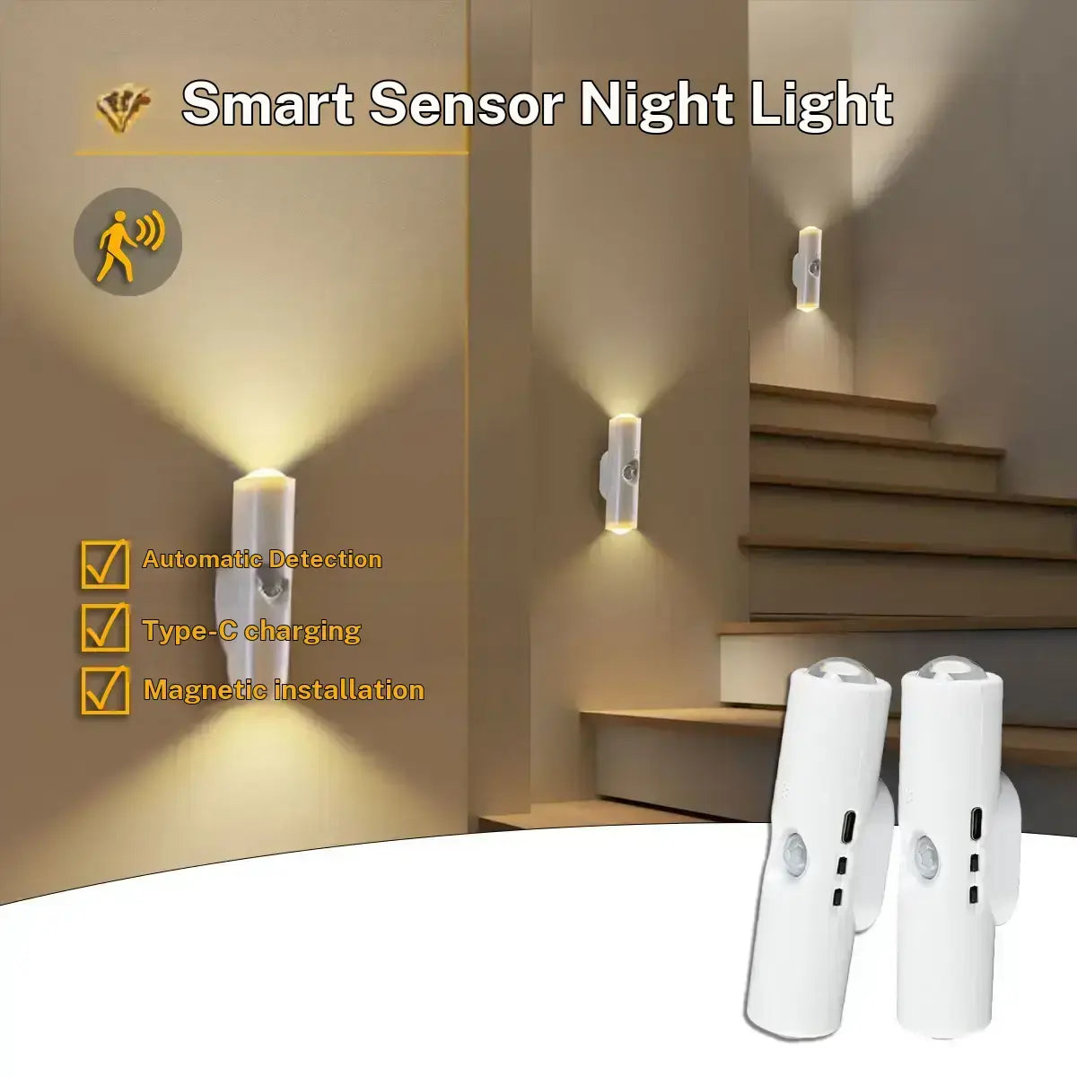Spot LED intelligent avec détecteur de mouvement, rechargeable USB, plusieurs modes d'éclairage