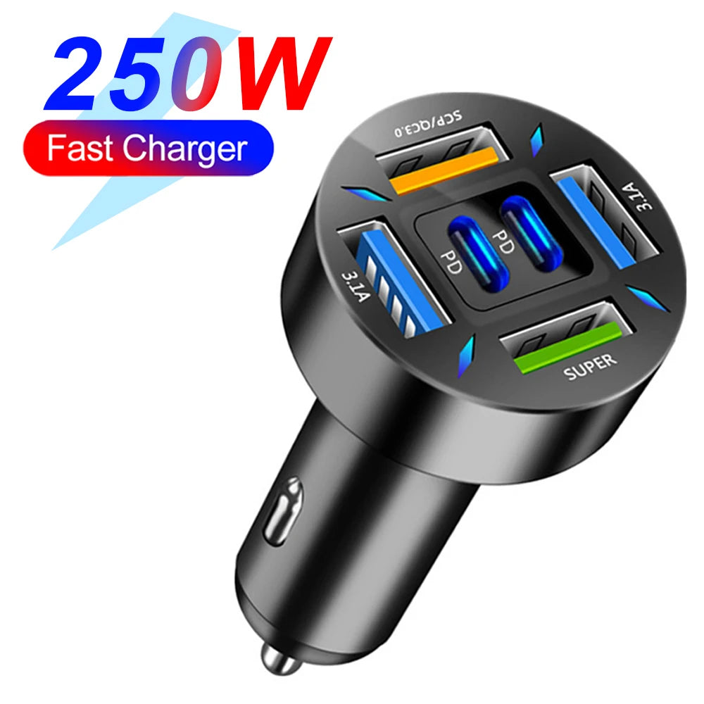 Experience Lightning-Fast Charging on the Go with the 66-250W PD Car Charger - 4 USB Ports + 2 PD for Ultimate Convenience!