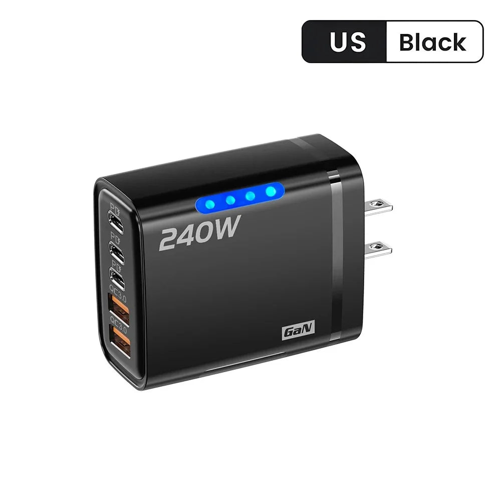 240W Gan USB Charger 5 Ports Multi Port Fast Charging Wall Power Adapter USB Quick Charger EU US Plug for Iphone Samsung Xiaomi