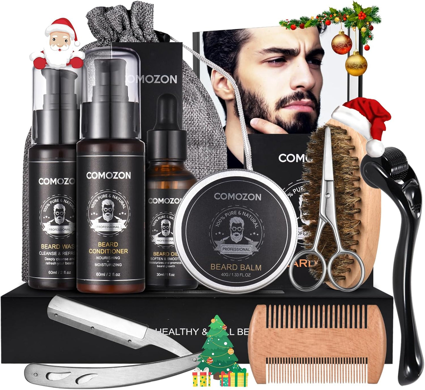 Kit d'entretien barbe 12-en-1 pour homme avec rasoir, huile, shampoing, ciseaux et accessoires