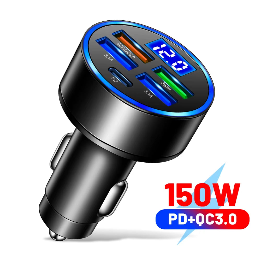 Chargeur voiture rapide 250W avec 4 ports USB et 2 ports PD, écran d'affichage de tension
