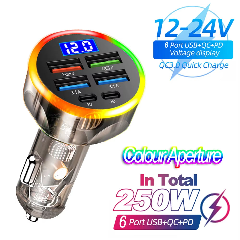 Experience Lightning-Fast Charging on the Go with the 66-250W PD Car Charger - 4 USB Ports + 2 PD for Ultimate Convenience!