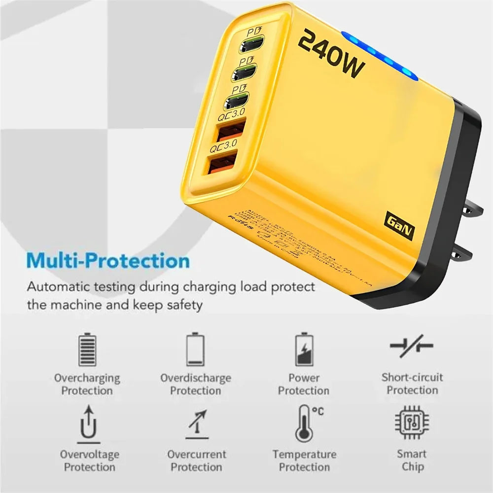 240W Gan USB Charger 5 Ports Multi Port Fast Charging Wall Power Adapter USB Quick Charger EU US Plug for Iphone Samsung Xiaomi