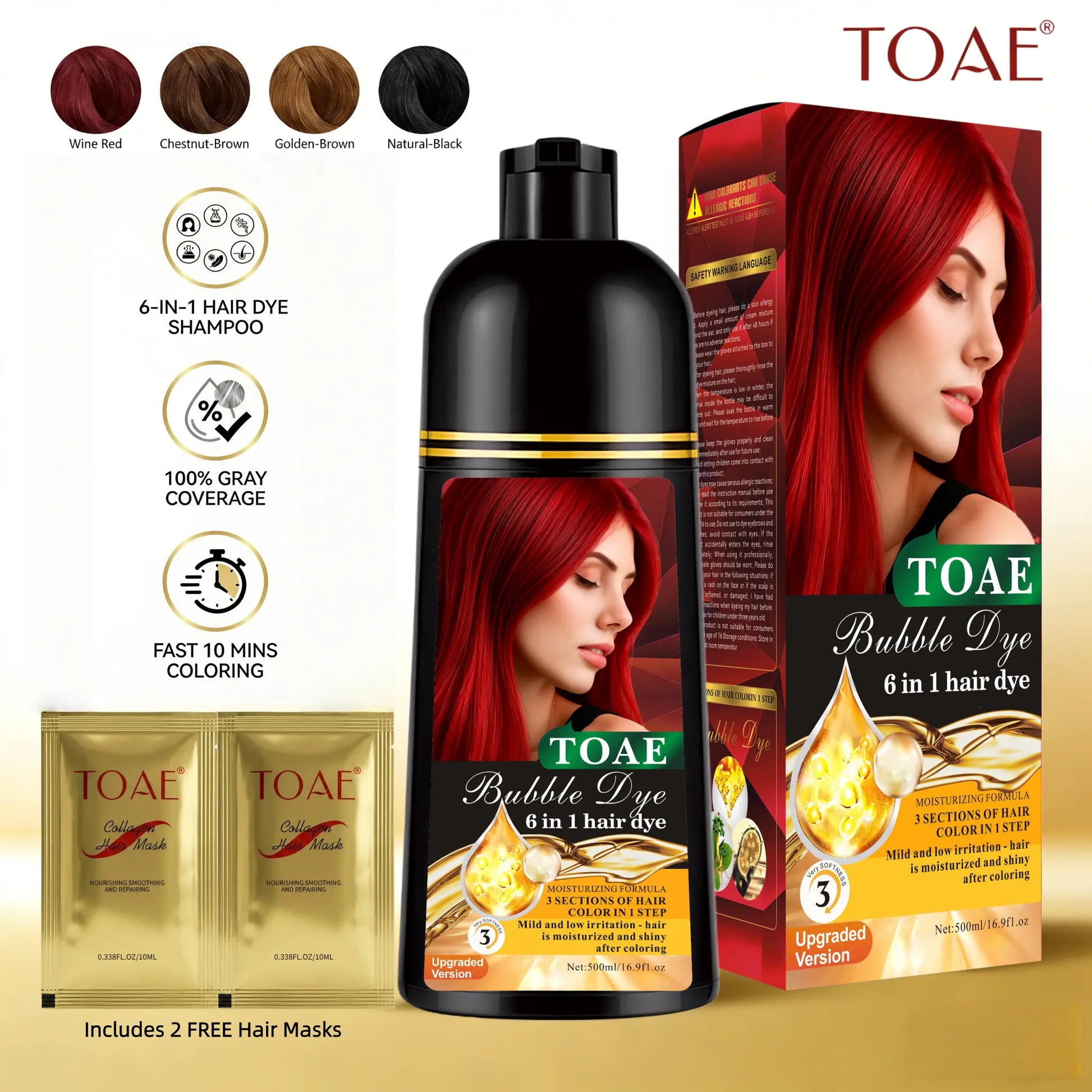 Shampoing colorant instantané 6-en-1 sans ammoniaque, 4 teintes disponibles avec masques capillaires