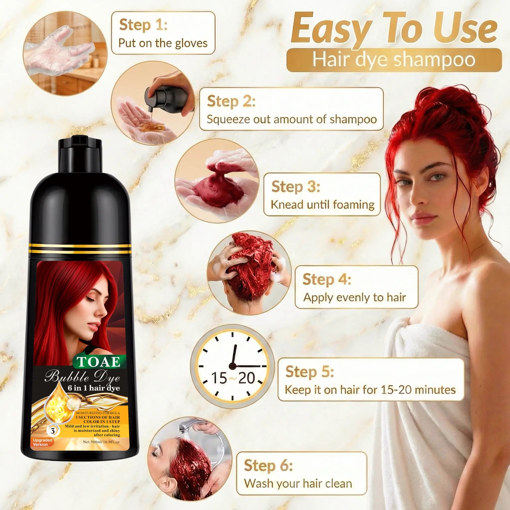 Shampoing colorant instantané 6-en-1 sans ammoniaque, 4 teintes disponibles avec masques capillaires
