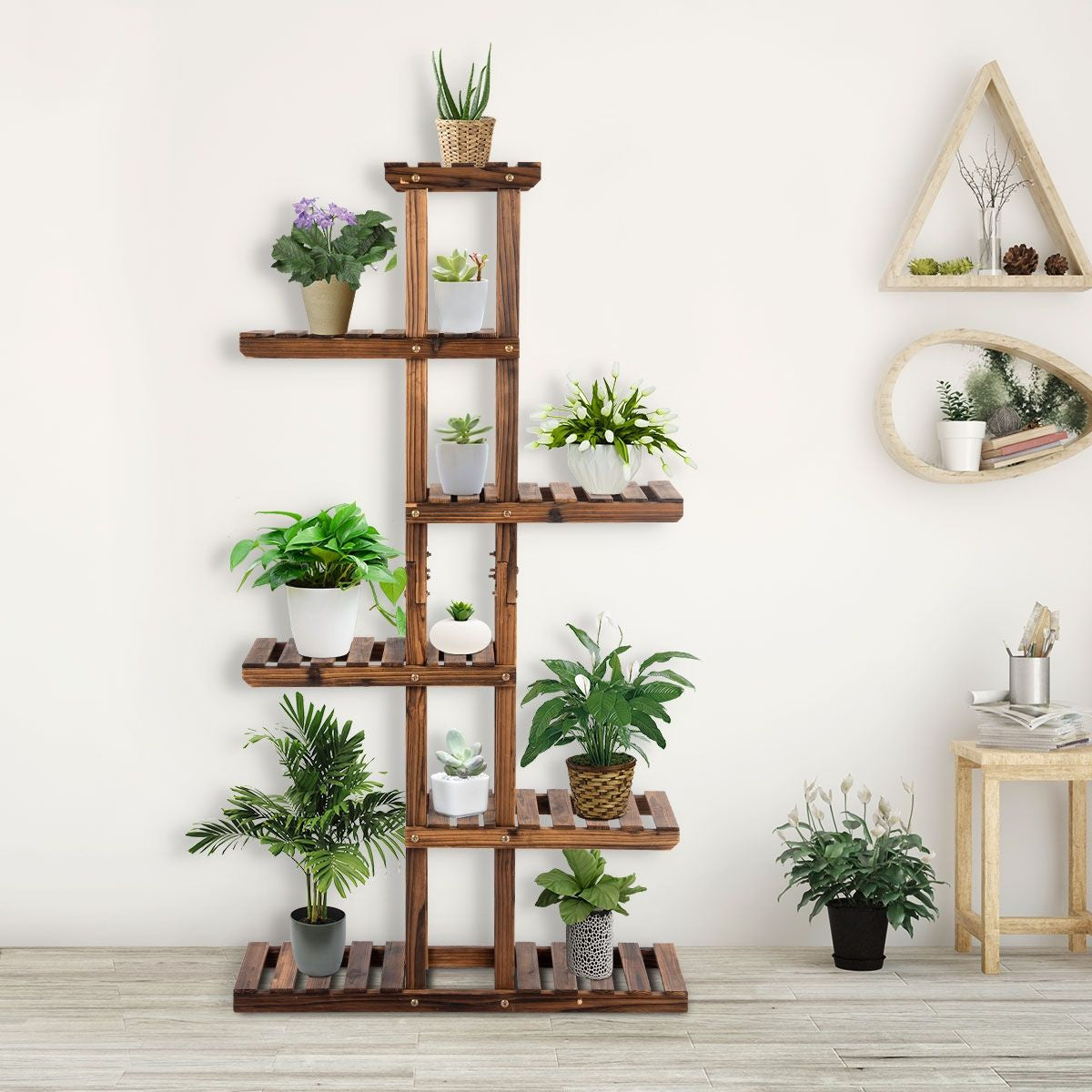 Etagère À Fleurs À 6 Niveaux Support De Plantes Décoration Capacité 10 Kg En Bois De Sapin 75X25X140Cm Naturel