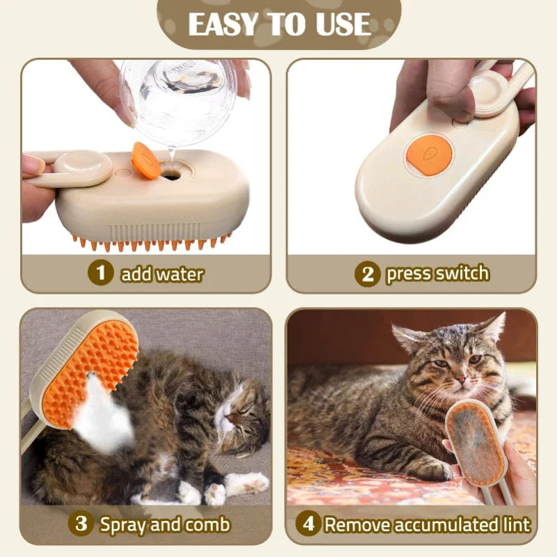 3-In-1 Steam Cat Brush Pet Hair Remover Vaporizer Grooming Comb with Massage Spray for Cats Durable Cleaning Tool
