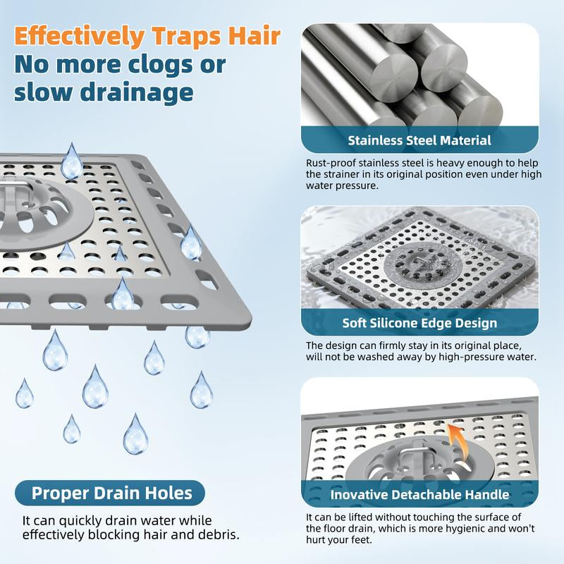 Hibbent Upgraded Shower Drain Hair Catcher, Shower Drain Cover for Bathroom Floor 4" Drain, Anti-Clogging Bathtub Drain Strainer, Stainless Steel Kitchen Sink Drain Strainer with Handle, Grey