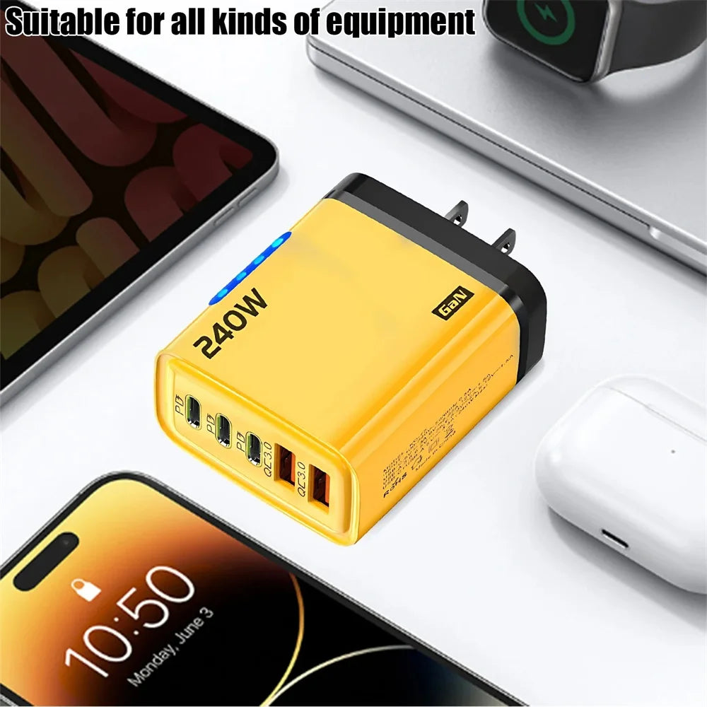 240W Gan USB Charger 5 Ports Multi Port Fast Charging Wall Power Adapter USB Quick Charger EU US Plug for Iphone Samsung Xiaomi