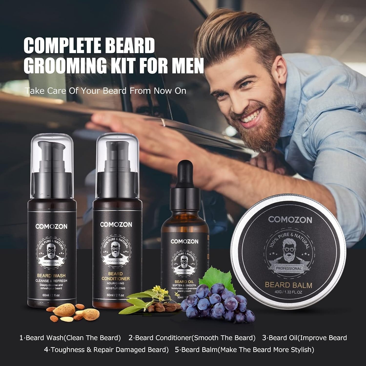 Kit d'entretien barbe 12-en-1 pour homme avec rasoir, huile, shampoing, ciseaux et accessoires