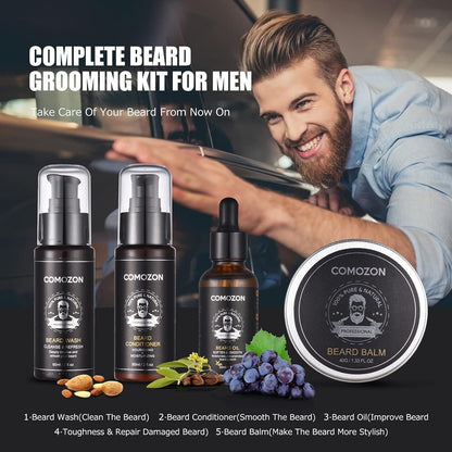 Kit d'entretien barbe 12-en-1 pour homme avec rasoir, huile, shampoing, ciseaux et accessoires
