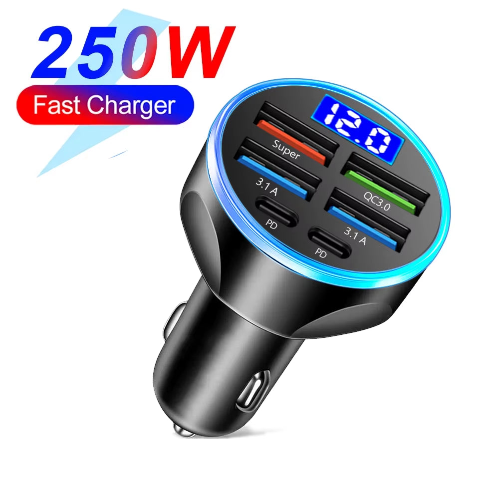 Experience Lightning-Fast Charging on the Go with the 66-250W PD Car Charger - 4 USB Ports + 2 PD for Ultimate Convenience!