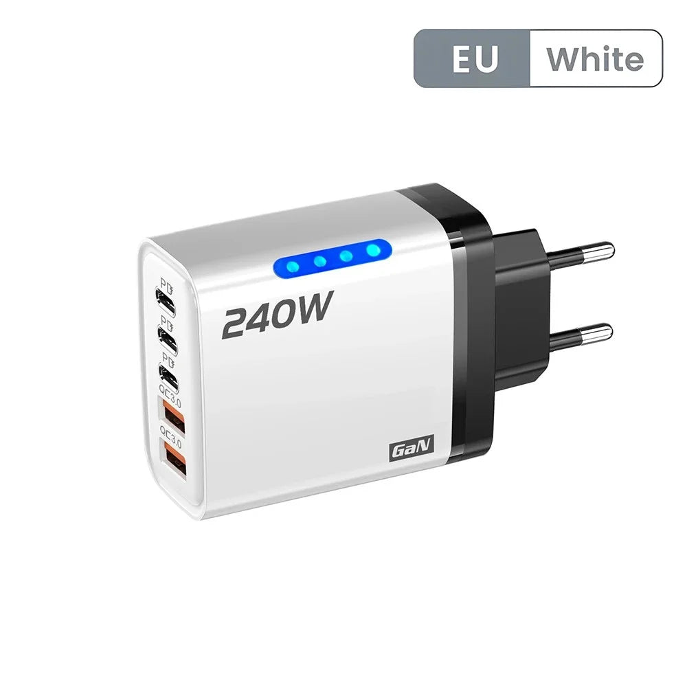 240W Gan USB Charger 5 Ports Multi Port Fast Charging Wall Power Adapter USB Quick Charger EU US Plug for Iphone Samsung Xiaomi