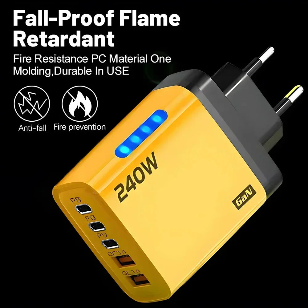 240W Gan USB Charger 5 Ports Multi Port Fast Charging Wall Power Adapter USB Quick Charger EU US Plug for Iphone Samsung Xiaomi