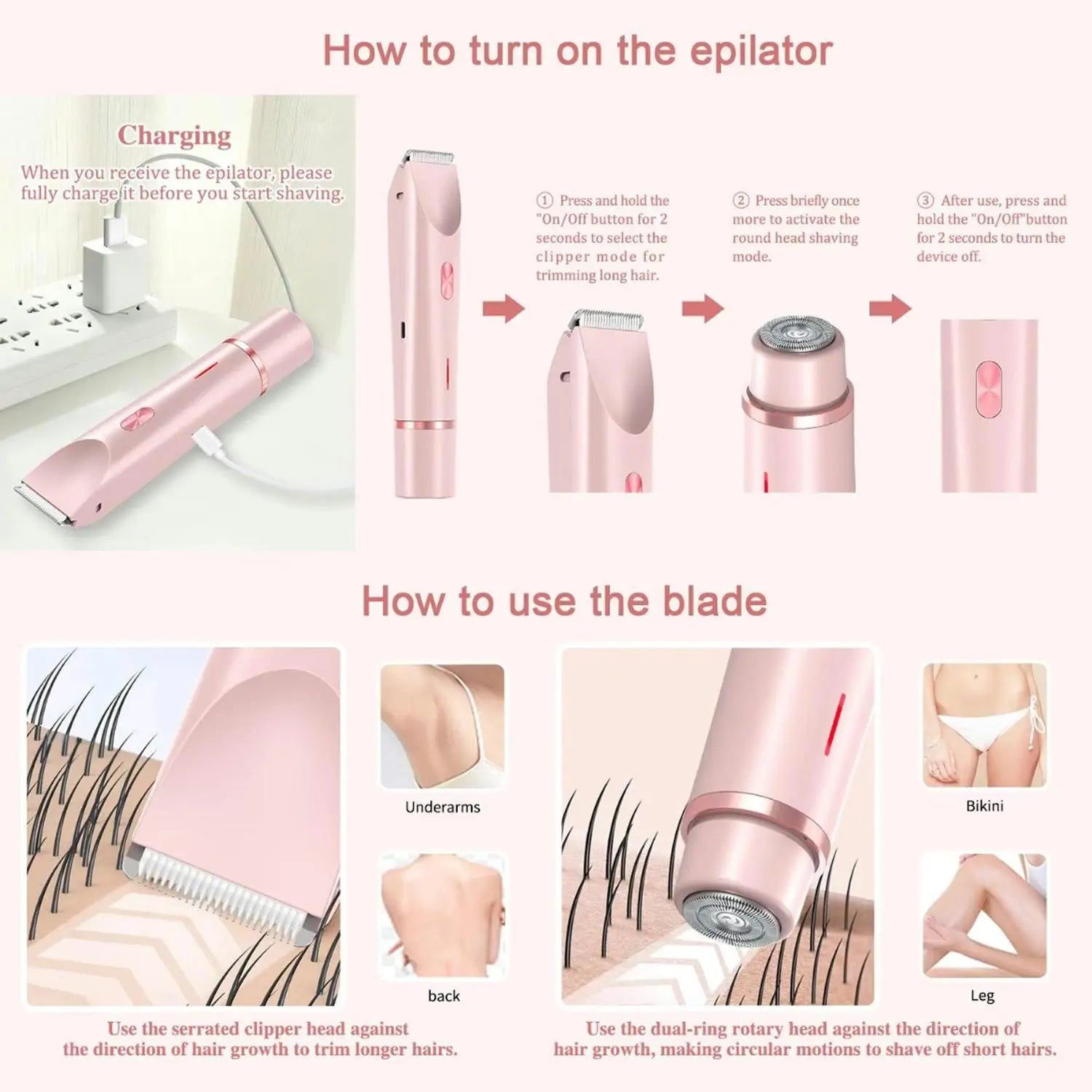 Effortless Elegance: Cordless Rechargeable 2-in-1 Electric Hair Trimmer for Women - Perfect for Face, Underarms, and Legs