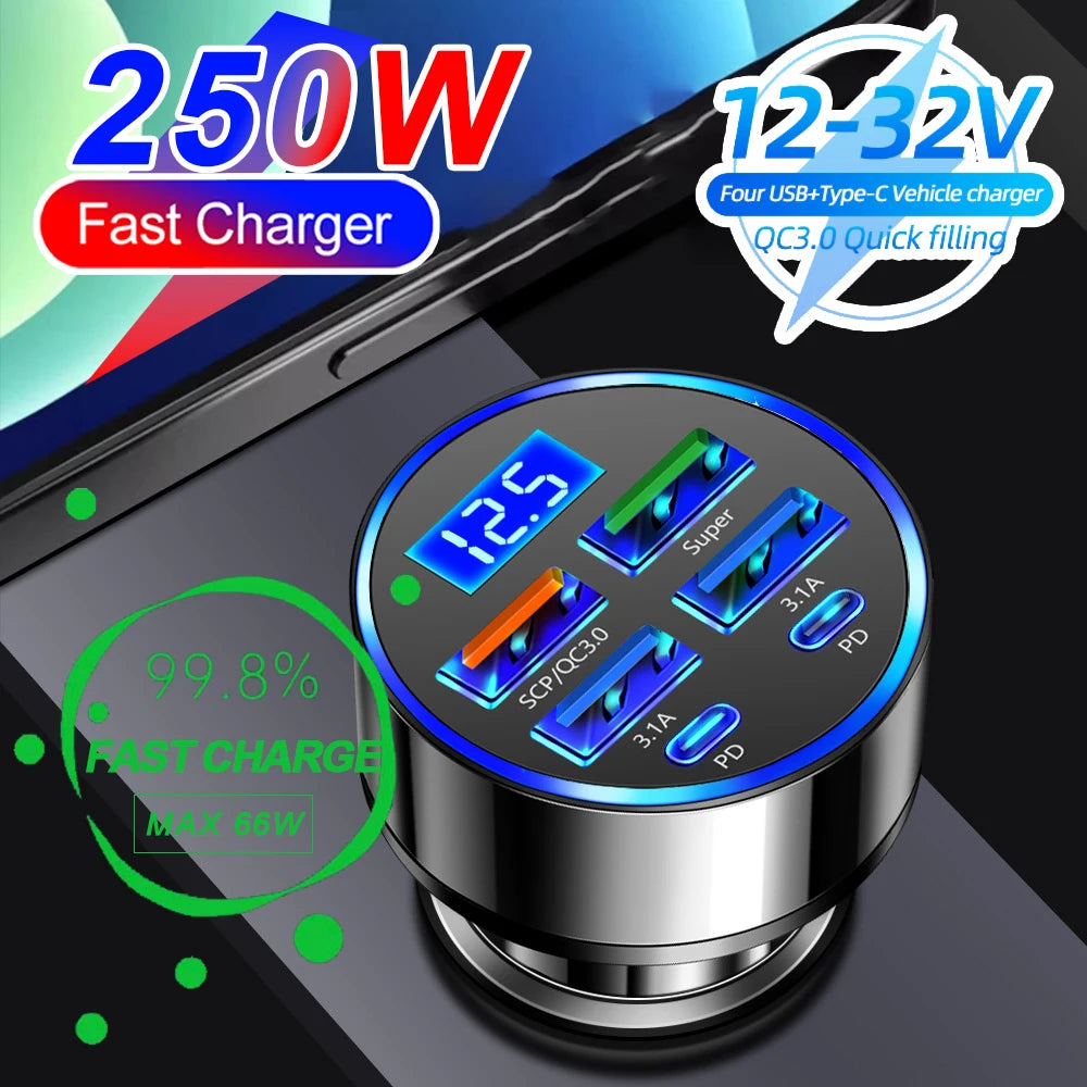 Chargeur voiture rapide 250W avec 4 ports USB et 2 ports PD, écran d'affichage de tension