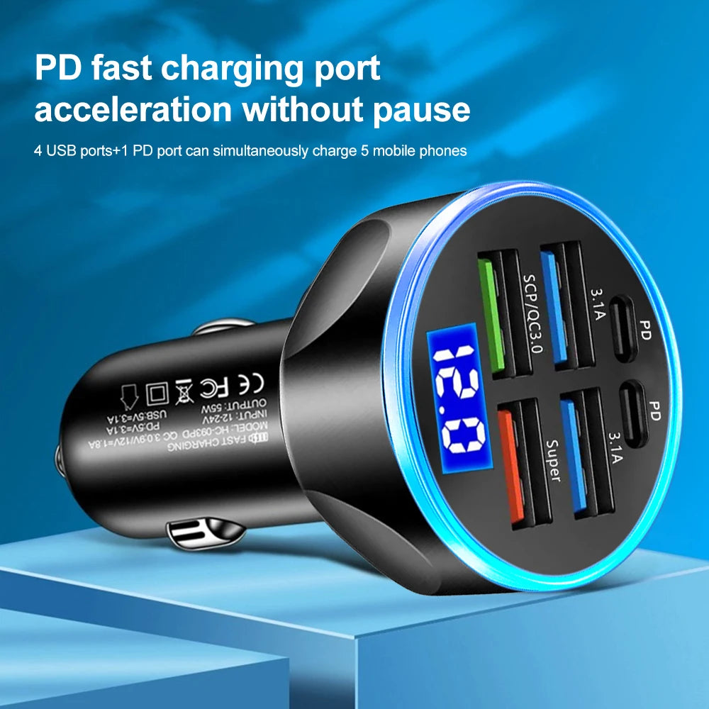 Experience Lightning-Fast Charging on the Go with the 66-250W PD Car Charger - 4 USB Ports + 2 PD for Ultimate Convenience!