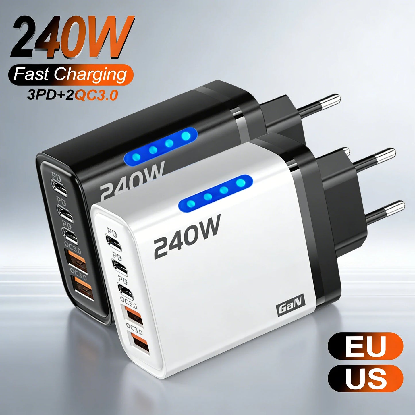 240W Gan USB Charger 5 Ports Multi Port Fast Charging Wall Power Adapter USB Quick Charger EU US Plug for Iphone Samsung Xiaomi