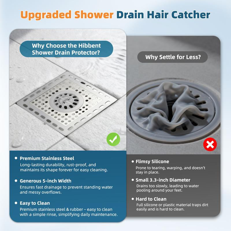 Hibbent Upgraded Shower Drain Hair Catcher, Shower Drain Cover for Bathroom Floor 4" Drain, Anti-Clogging Bathtub Drain Strainer, Stainless Steel Kitchen Sink Drain Strainer with Handle, Grey