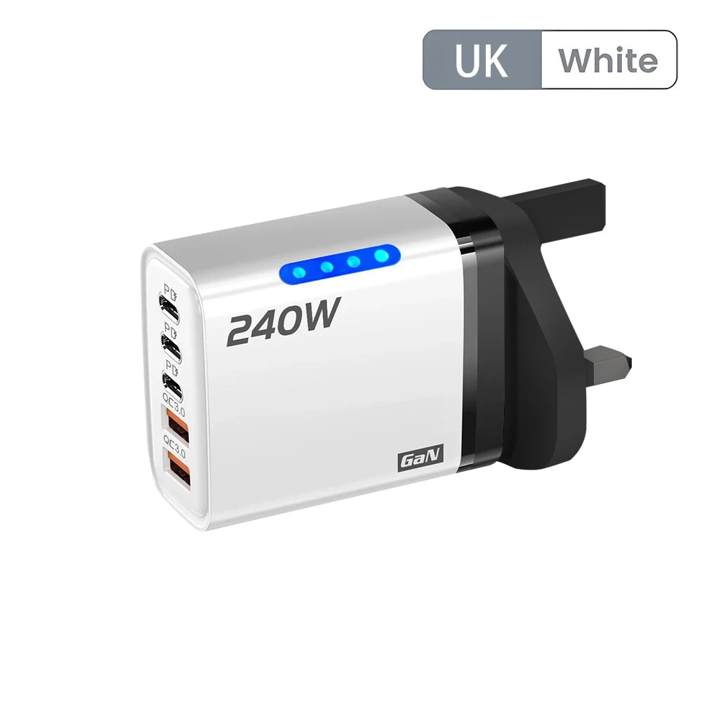 240W Gan USB Charger 5 Ports Multi Port Fast Charging Wall Power Adapter USB Quick Charger EU US Plug for Iphone Samsung Xiaomi
