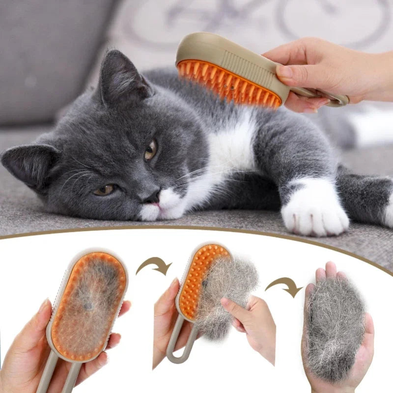 3-In-1 Steam Cat Brush Pet Hair Remover Vaporizer Grooming Comb with Massage Spray for Cats Durable Cleaning Tool