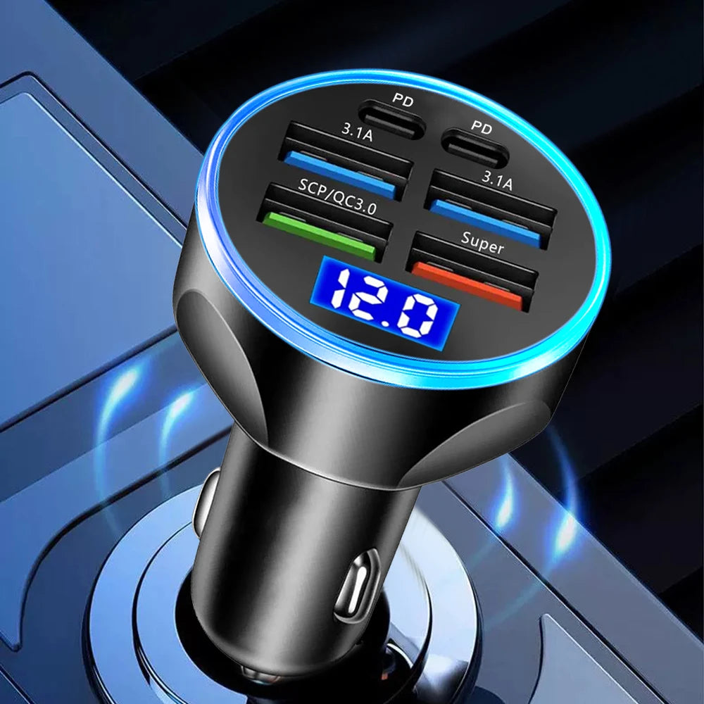 Chargeur voiture rapide 250W avec 4 ports USB et 2 ports PD, écran d'affichage de tension