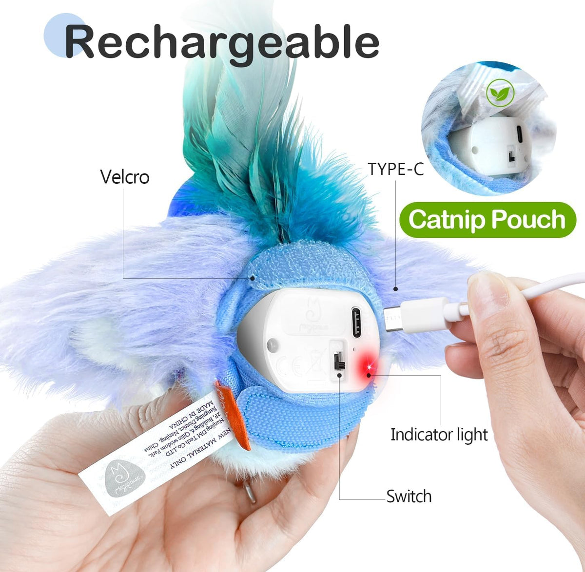 Jouet oiseau interactif pour chat - herbe à chat incluse