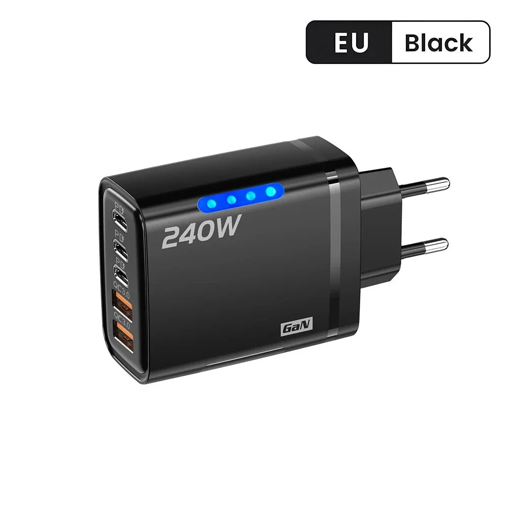 240W Gan USB Charger 5 Ports Multi Port Fast Charging Wall Power Adapter USB Quick Charger EU US Plug for Iphone Samsung Xiaomi