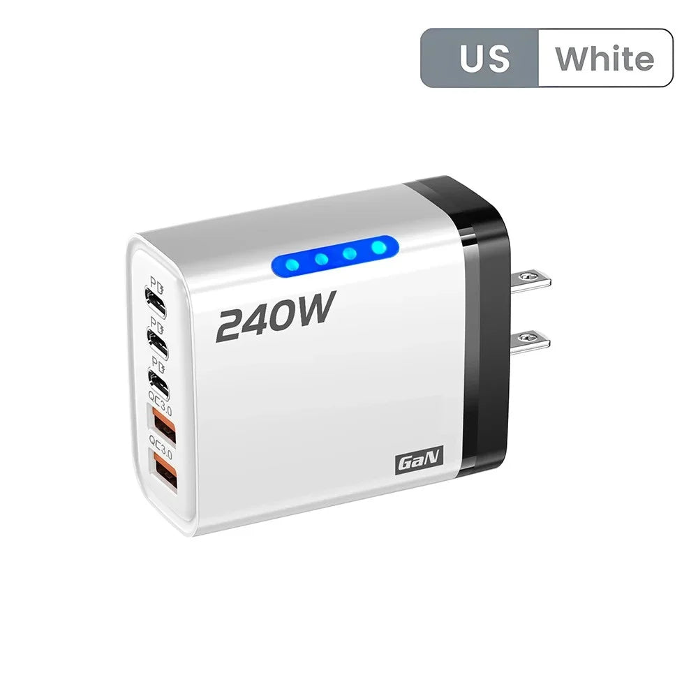 240W Gan USB Charger 5 Ports Multi Port Fast Charging Wall Power Adapter USB Quick Charger EU US Plug for Iphone Samsung Xiaomi