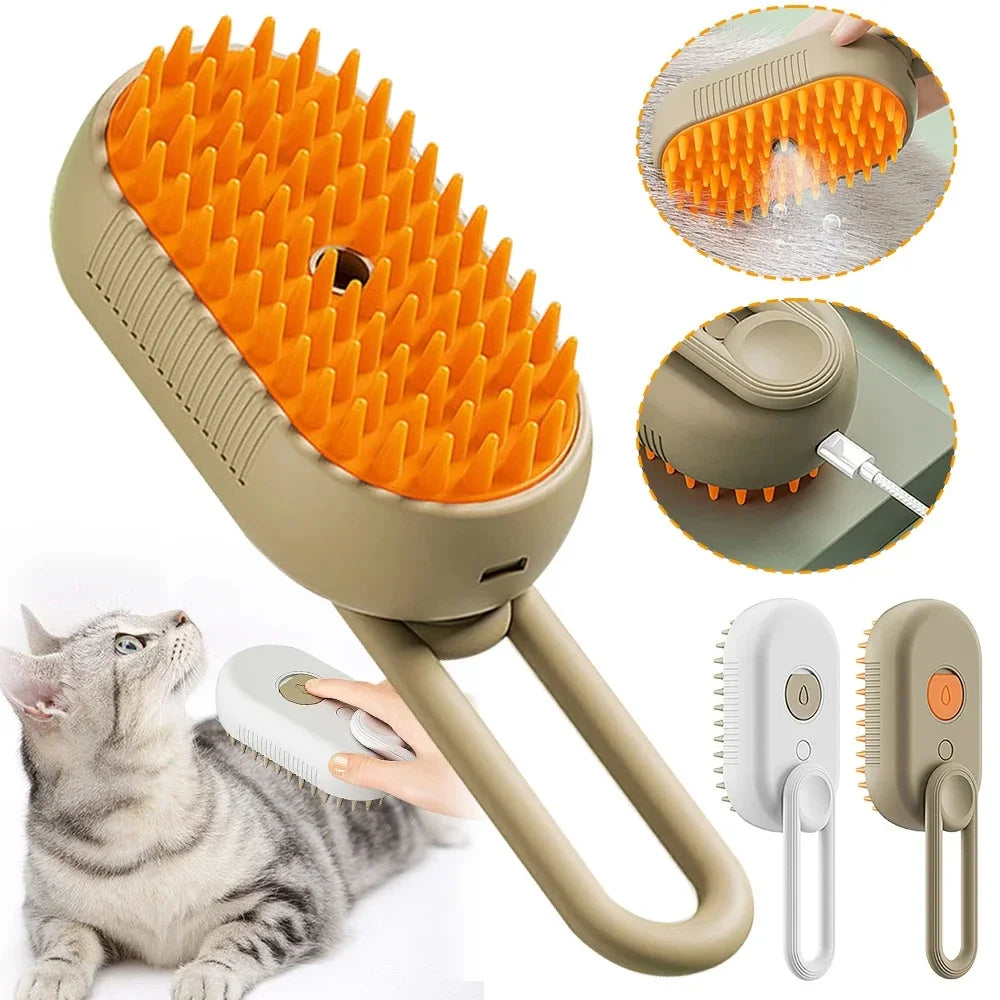 3-In-1 Steam Cat Brush Pet Hair Remover Vaporizer Grooming Comb with Massage Spray for Cats Durable Cleaning Tool