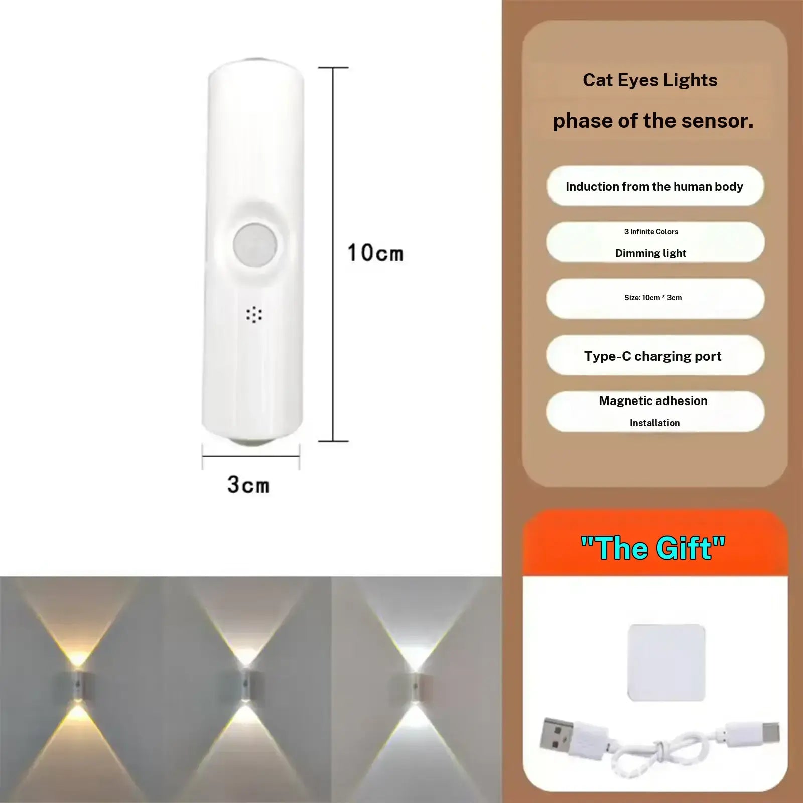 Spot LED intelligent avec détecteur de mouvement, rechargeable USB, plusieurs modes d'éclairage