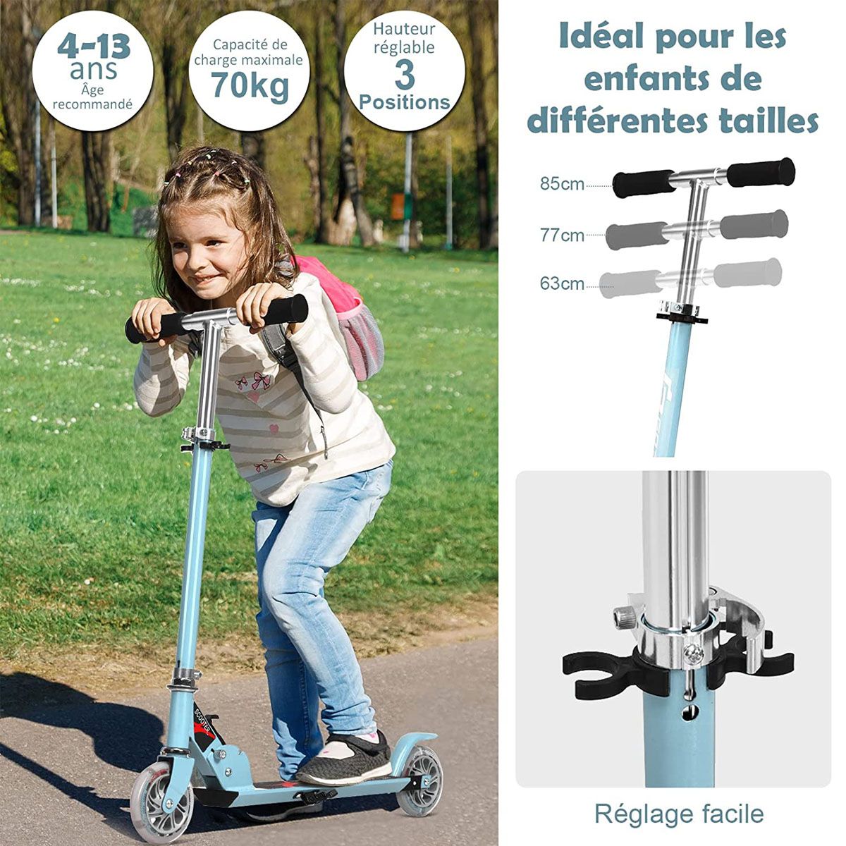 Trottinette Enfant Pliable avec Lumières LED - Hauteur Réglable et Design Coloré pour des Balades Amusantes en Toute Sécurité